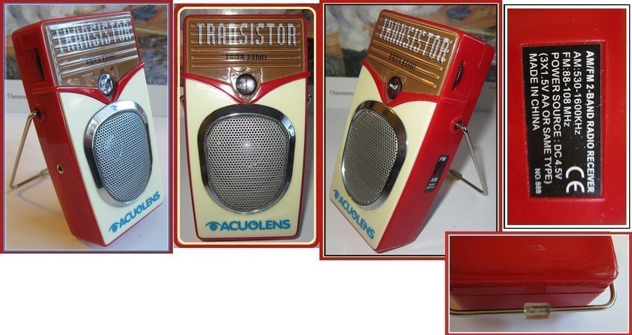 RETRO "ACUOLENS" RÖDBEIGE FÄRG TRANSISTOR RADIO I NYSKICK 3STNYA BATTERIER