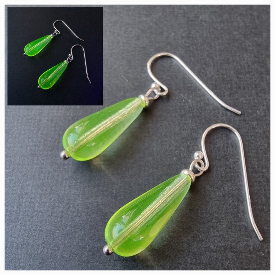 Örhängen m pärlor av URANGLAS silver+stål gul URANIUM GLASS EARRINGS