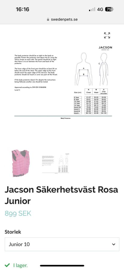 Jacson Säkerhetsväst Rosa Junior Storlek 10