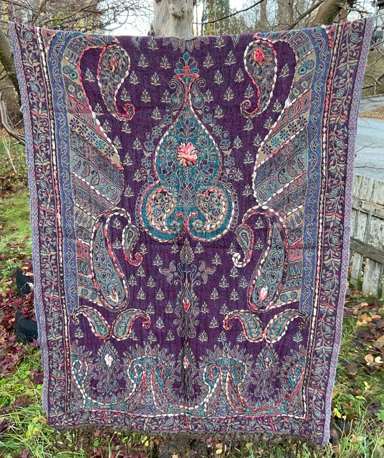 Ny Handbroderad Sjal Halsduk av 100% Kokt Ull från Nepal, ca 200 x 75 cm No.3