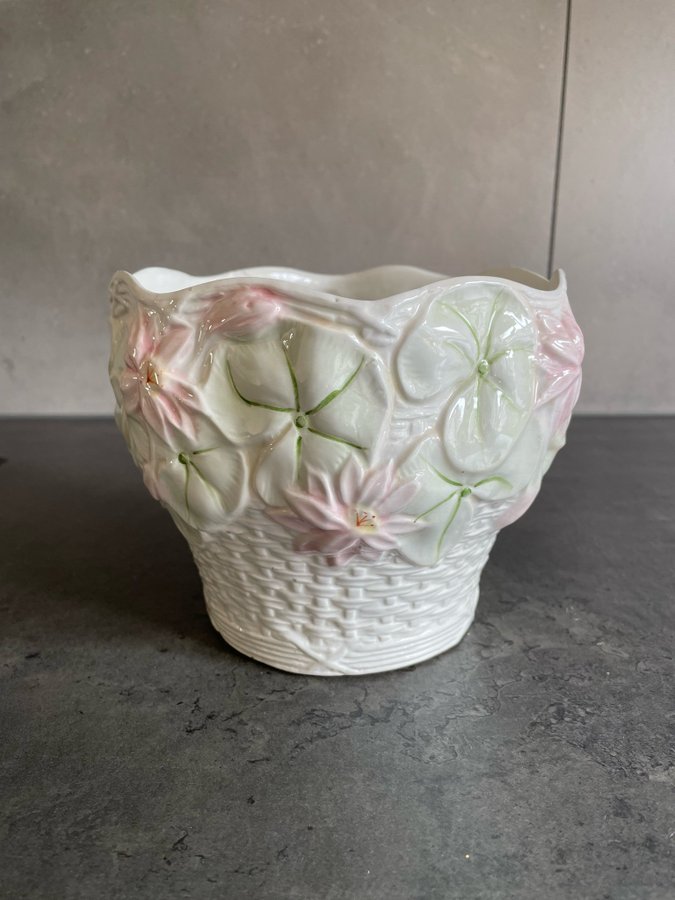 Ytterfoder kruka jugend art deco blommor rosa grön vacker vintage antik