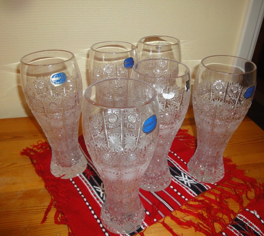 Beautiful set of beer glasses Bohemia cut crystal “Cold Flower” 23 cm