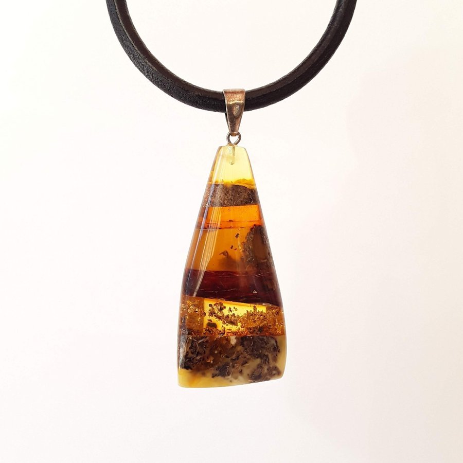 Baltic amber mosaic 925 sterling silver pendant on black natural leather cord