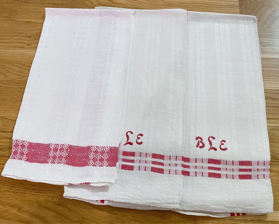 3st kökshandduk i linne linneduk äldre broderad duk monogram linneduk