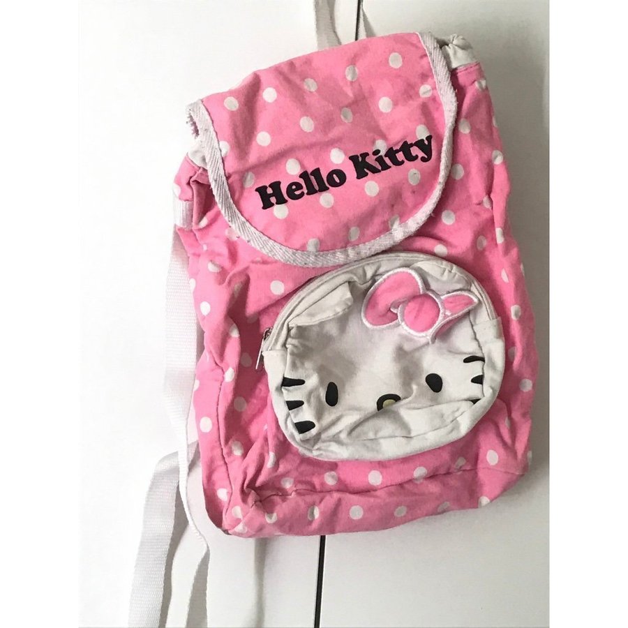 HelloKitty-rygga ryggsäck bomull vintage 90-tal rosa m vita prickar