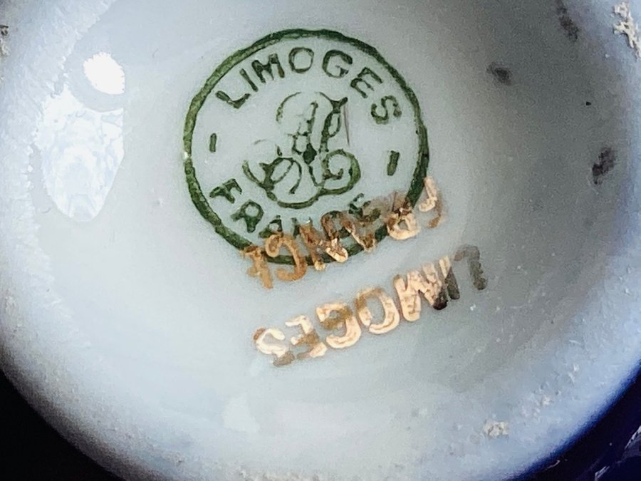 Koboltblå Limoges Frankrike mini porslinsvas handgjorda Limoges signaturguld