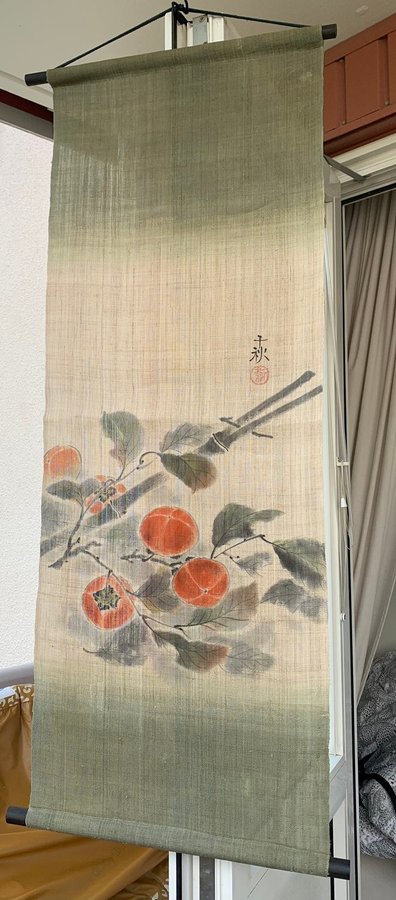 Vintage Japansk vägghängd textil med handmålat motiv