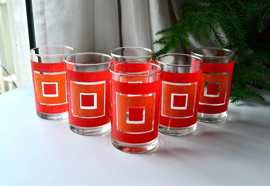 LIBBEY USA - 6 st RETRO DRICKSGLAS/ SAFTGLAS ”BOLD” 70-tal orange mönster