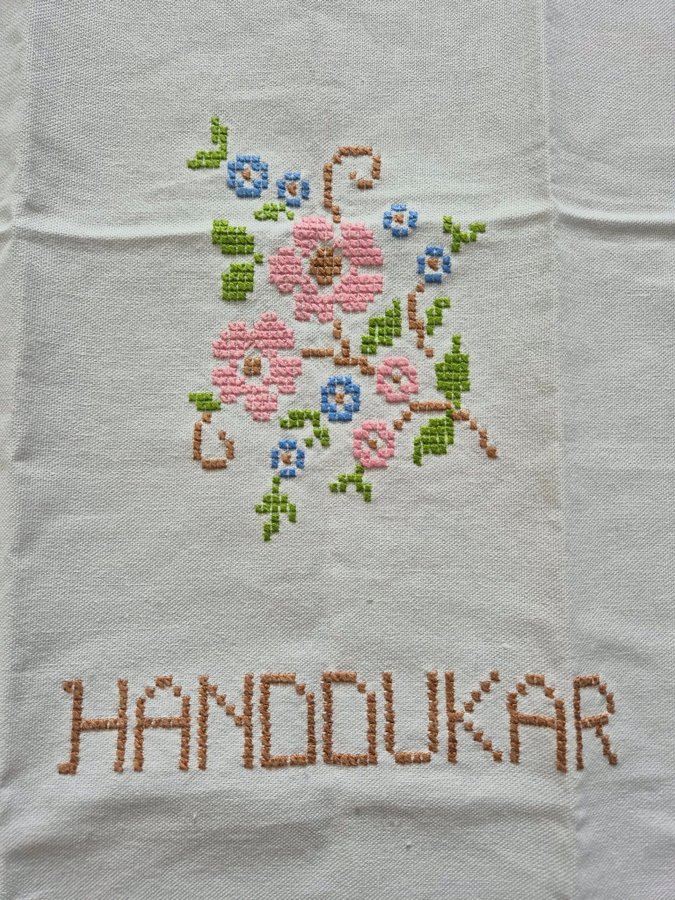 Broderad Paradhandduk i bomull med blommor / Lantligt - Retro vintage