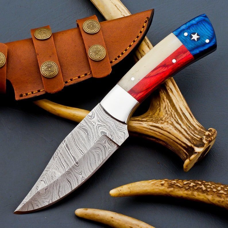 Handmade Forged Damascus Steel TEXAS Flag USA Hunting Bowie Knife Wedding Knife