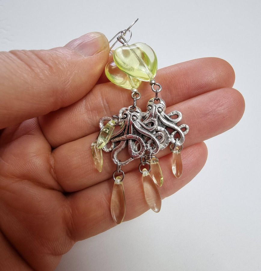 Örhängen pärlor av URANGLAS BLÄCKFISKAR gul Octopus URANIUM EARRINGS