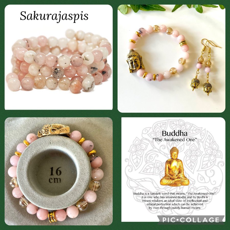 Smyckesset Armband + Örhängen Buddha Rosa Pärlor Sakurajaspis Egendesignade