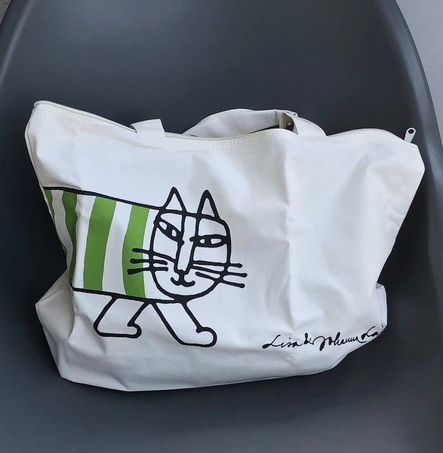 Lisa Larson stor väska bag randig katt grön vävd polyester tillverkad för Japan