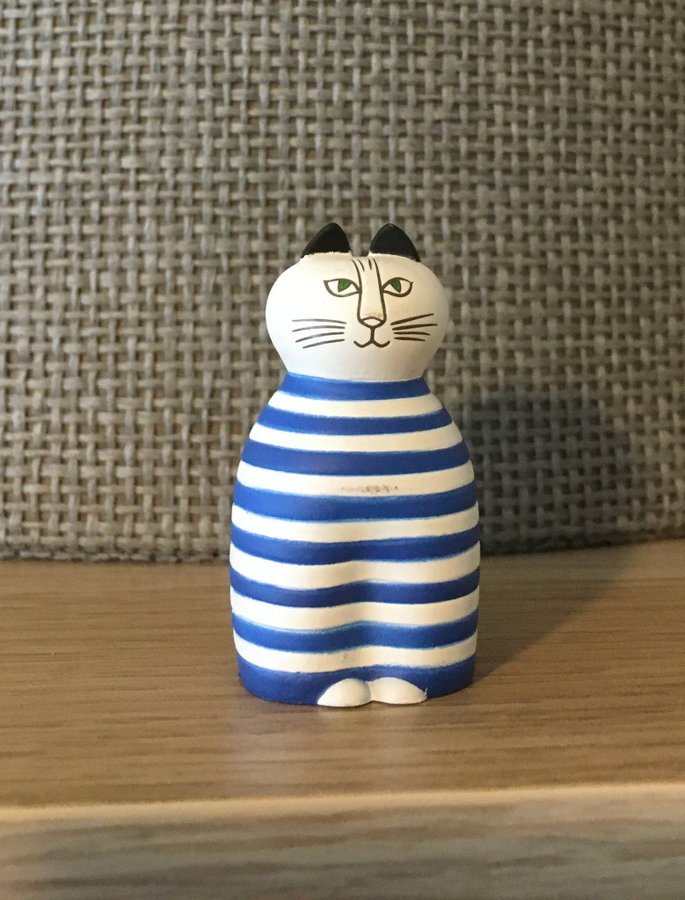 Lisa Larson miniatyr katt randig blå Tripp Trapp Trull tillverkad för Japan