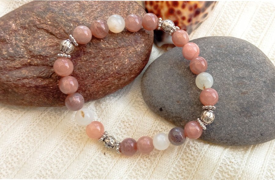 Äkta Multi Moonstone Sunstone Vit+grå+rosa Månsten Tibetsilver Kristall Boho