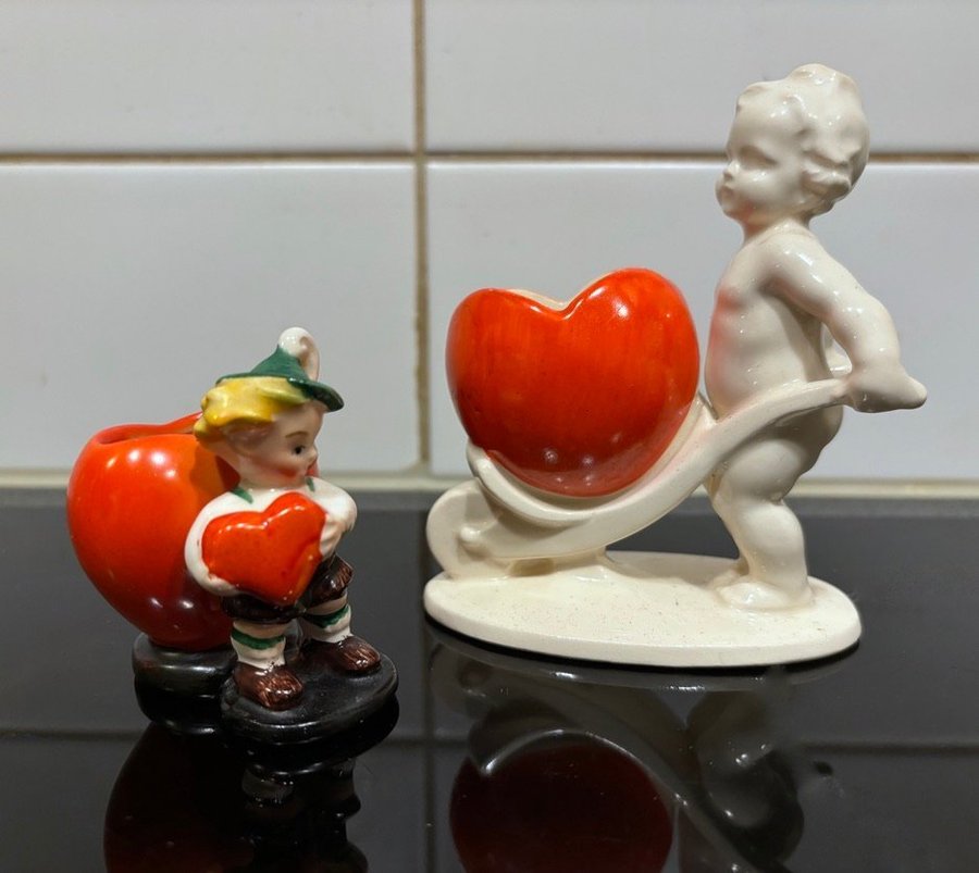 Vintage Goebel 2 st Figuriner/Vaser Hjärtan Cherub/Putti HartPorslinRare!