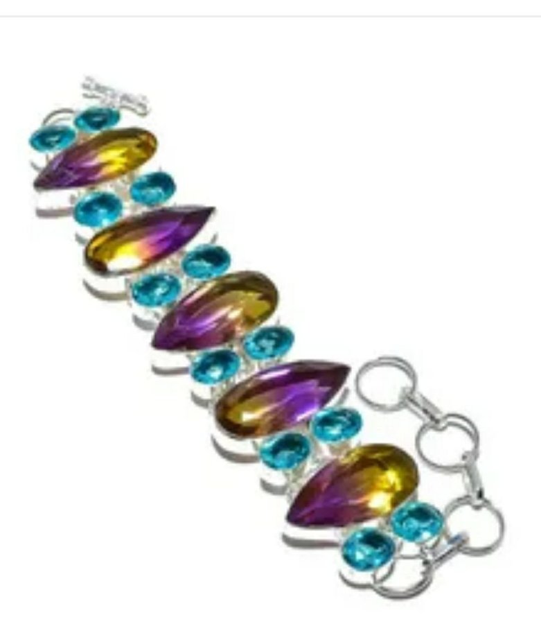 Ametrine Blue Topaz Gemstone Handmade Silver Jewelry Bracelet 7-8"