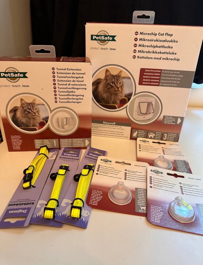 Petsafe paket helt nytt kattlucka microchip 3 brickor 3 halsband och tunnel