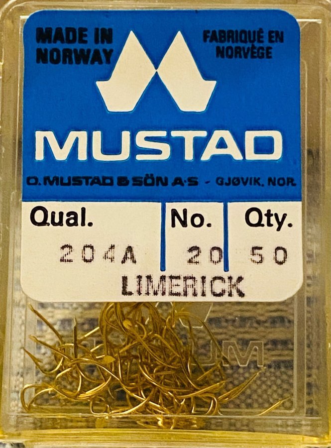 MUSTAD LIMERICK nr20 Qual 204 A 50st mini guldplaterade specialkrokar i ask !