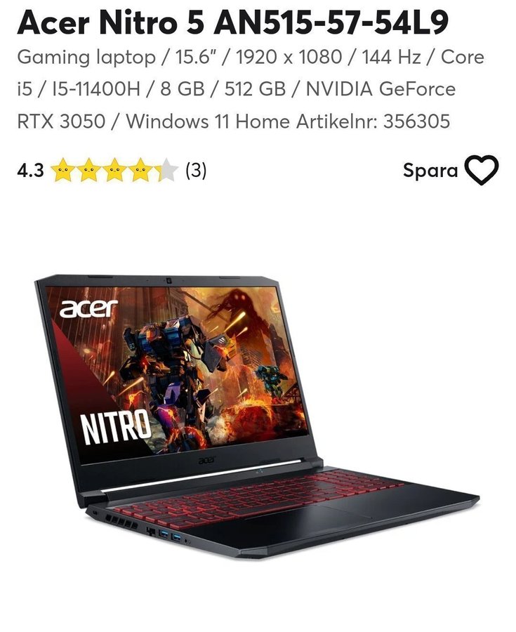 Oöppnad/Helt ny Acer Nitro 5