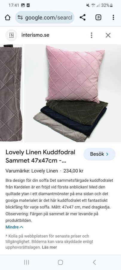 Lovely linen Kardelen rosa kuddfodral i sammet 2 st NYA 47 x 47 cm