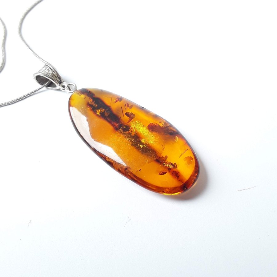 Brown raw Baltic amber gem pendant with silver color chain, Brown amber jewelry