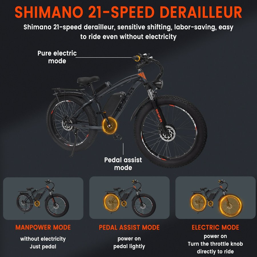 26" All-terrain Fatbike 2000W Kraftfull motor 21-växlad MTB Full Suspension