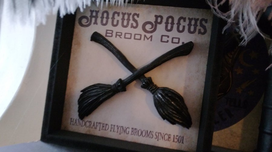 Hocus Pocus häxkvast inramad 20x20cm Gothic Witch broom Halloween