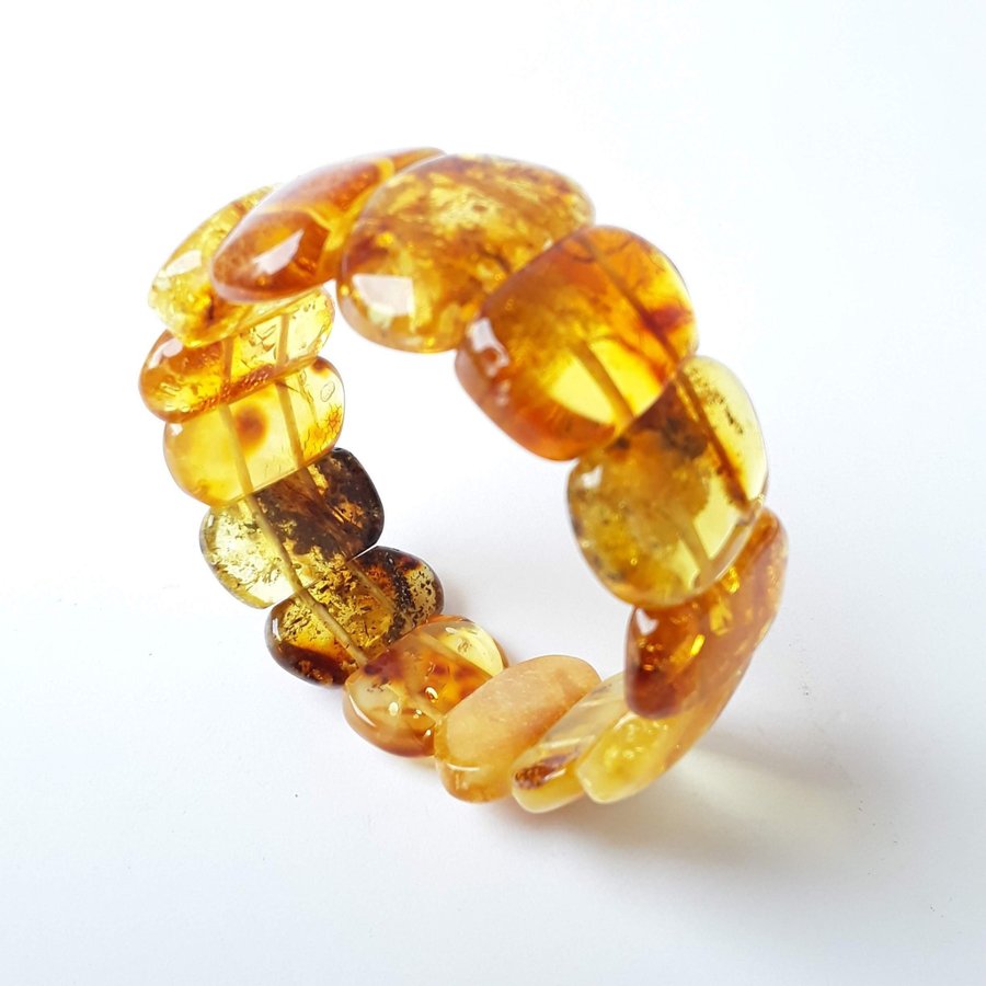 Yellow Baltic amber gemstone bracelet Classic wide stretchy flat bead bracelet