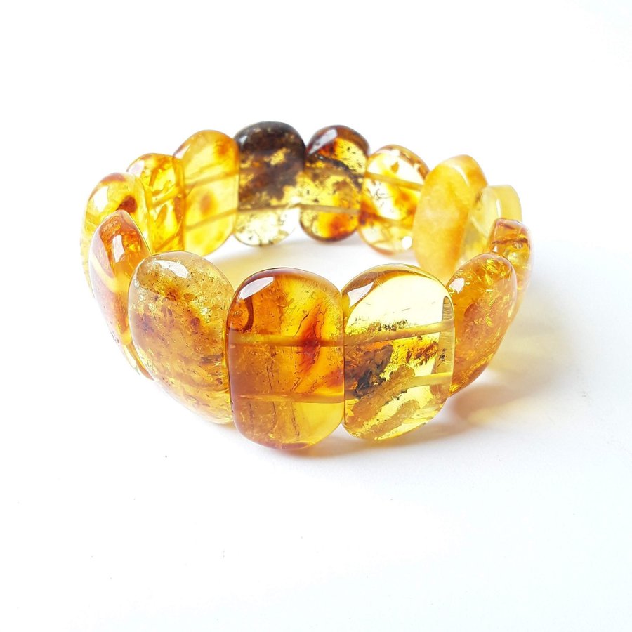 Yellow Baltic amber gemstone bracelet Classic wide stretchy flat bead bracelet