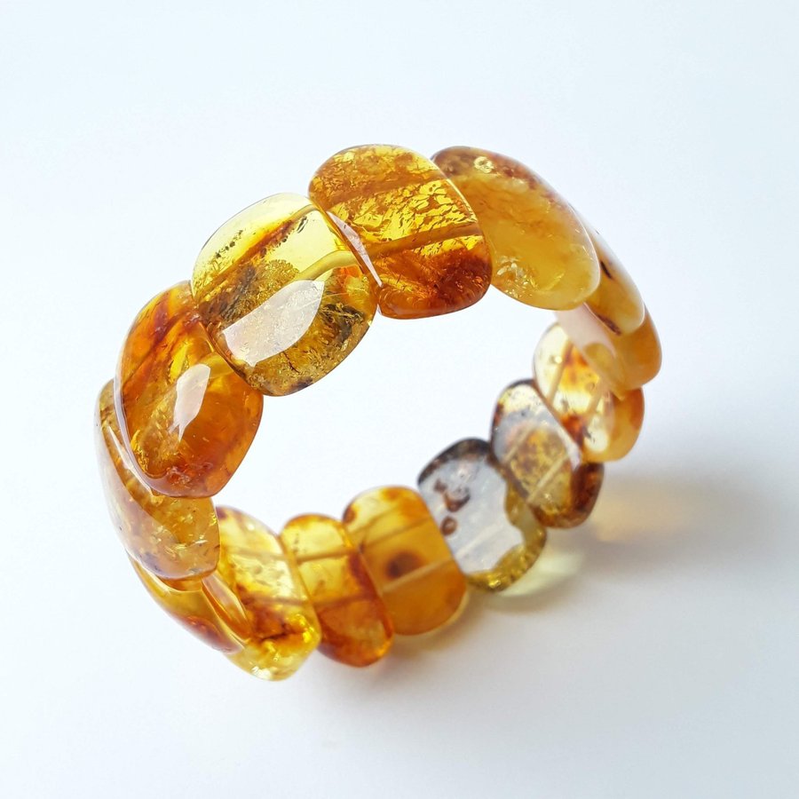 Yellow Baltic amber gemstone bracelet Classic wide stretchy flat bead bracelet