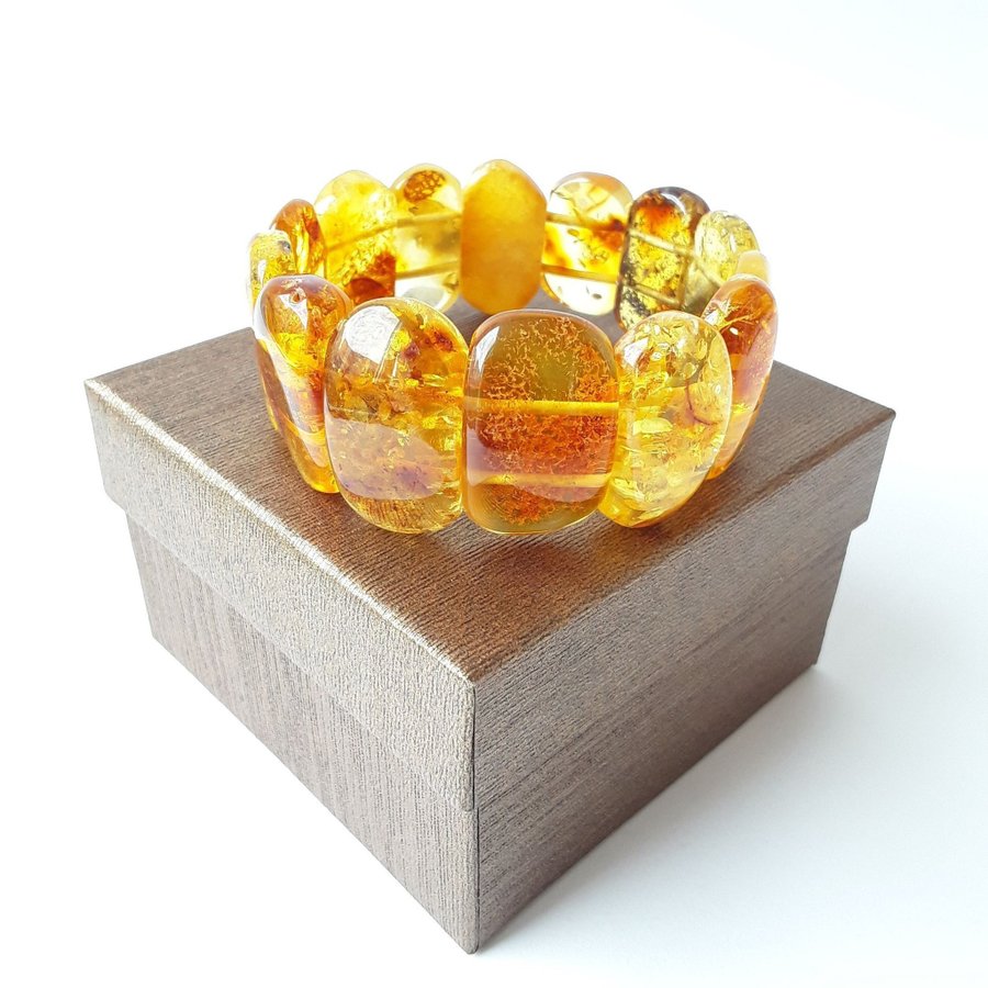 Yellow Baltic amber gemstone bracelet Classic wide stretchy flat bead bracelet