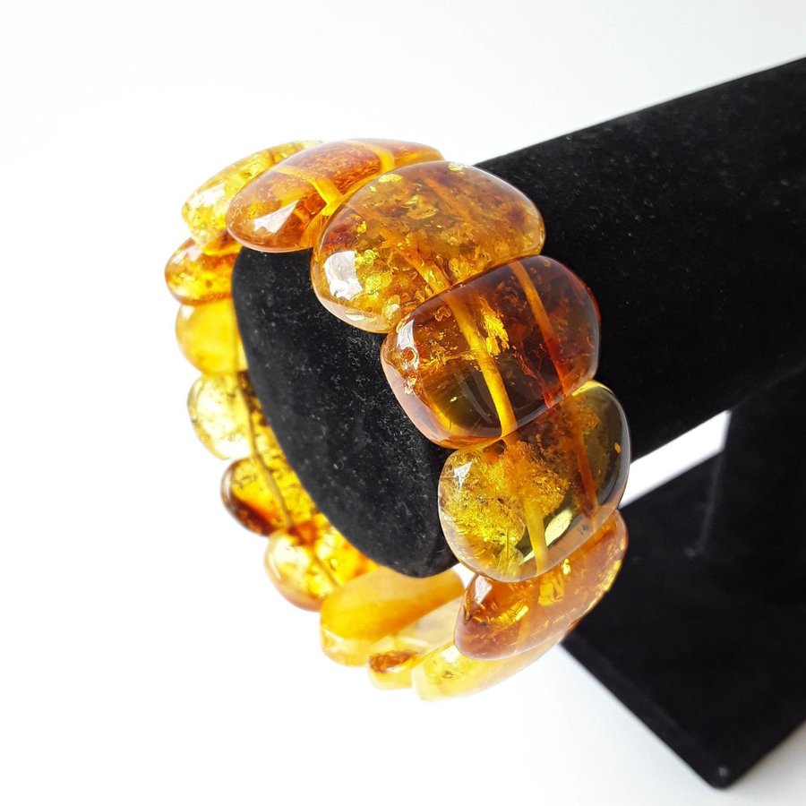 Yellow Baltic amber gemstone bracelet Classic wide stretchy flat bead bracelet