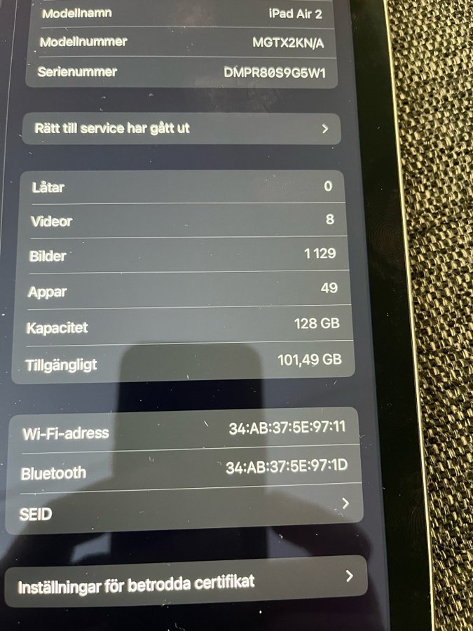 Apple iPad Air2 (Wifi) 128GB Ny skärm  hemknapp och batteri