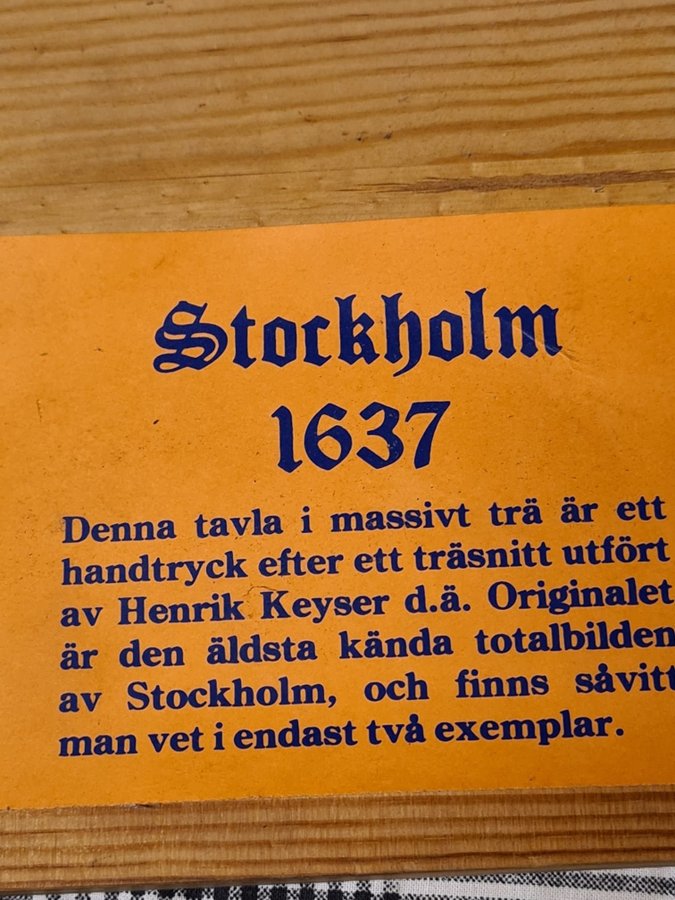 Trätavla med motiv av Stockholm 1637