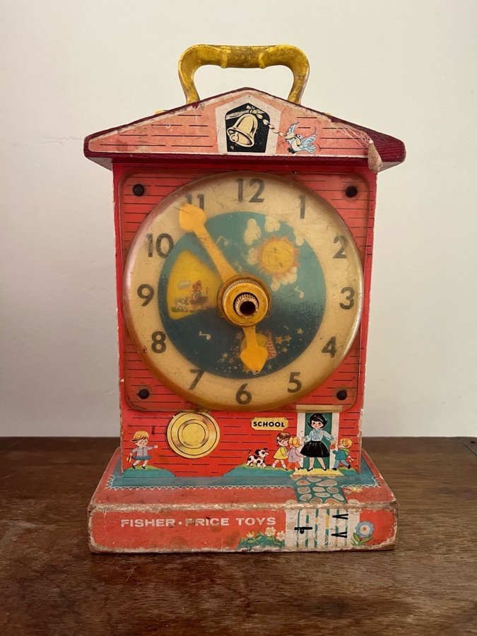 Fisher Price Music Box Teaching Clock antik vintage retro klocka läroklocka