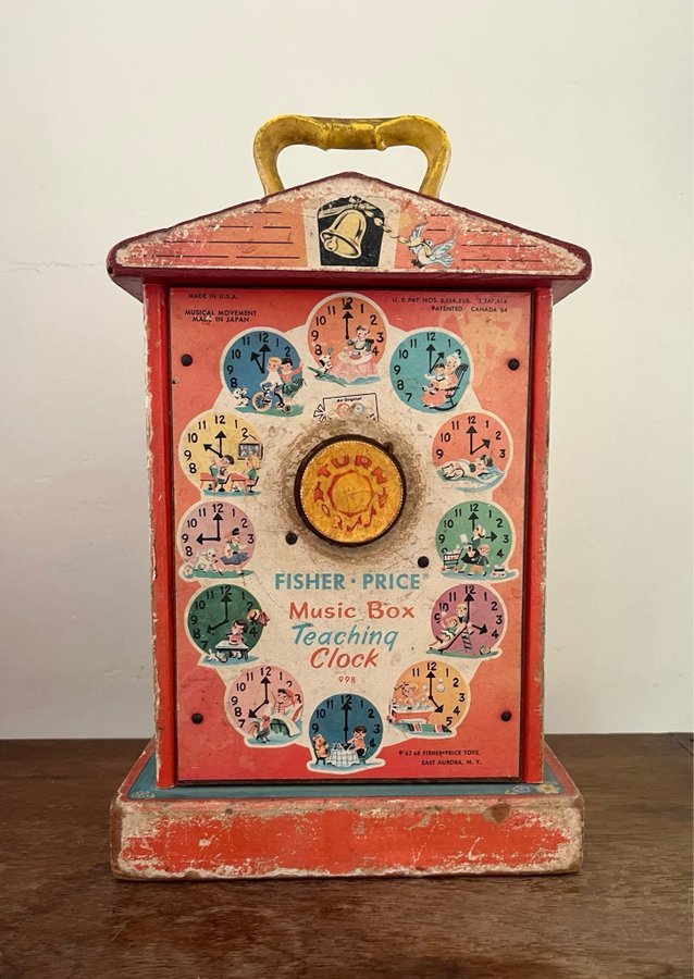 Fisher Price Music Box Teaching Clock antik vintage retro klocka läroklocka