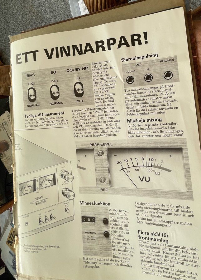 Ett 4-sidigt A4 försäljningsblad på TEAC A-150//A100 kasettdeck!