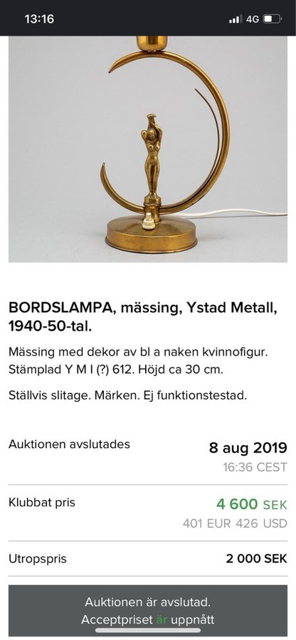 Ystad metall Art Deco bordslampa med kvinnofigur