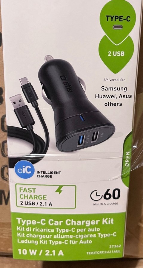 Mobil Billaddare med 2 USB-portar och USB-C-kabel(6st)