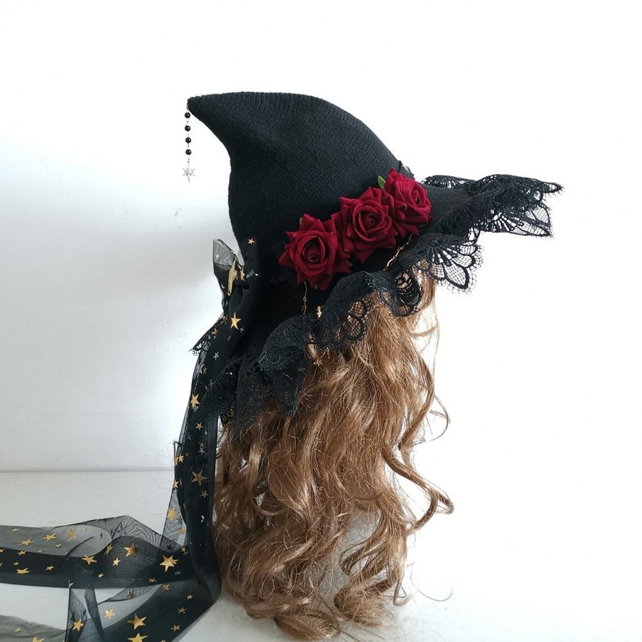 Black Witch Hat With Burgundy Rose And Bow, Halloween Lolita Wizard Hat,