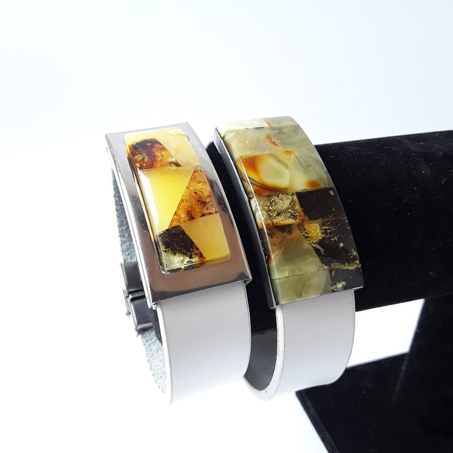 Baltic amber and white leather bracelet Unisex natural leather and gem bracelet