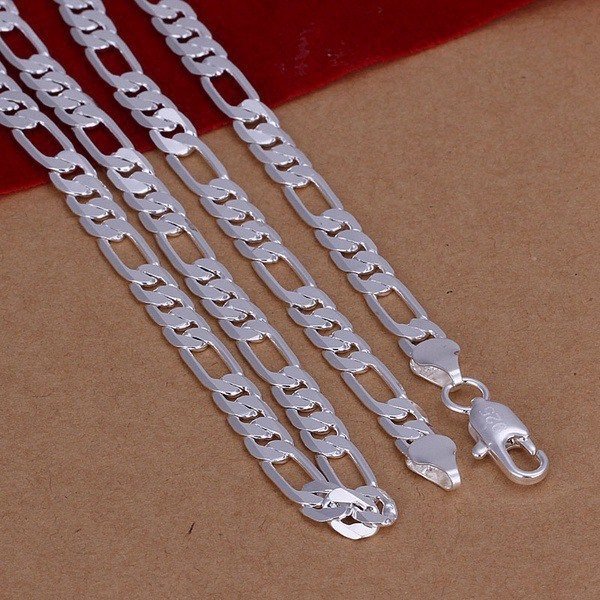 50cm 6mm Sterling Silver länk pansar figaro pläterad halsband - STAMPLAD