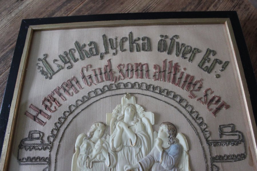 Antik tavla religiöst motiv broderi änglar ankare