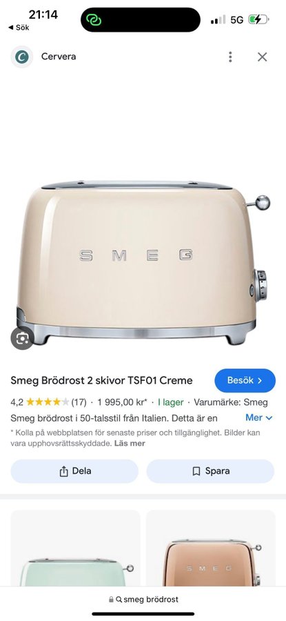 Smeg Brödrost 2 skivor TSFO1 Creme