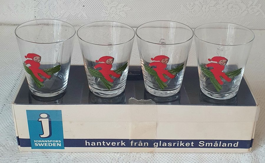 4 st oanvända glögg glas handmålade originalkartong Johansfors Sweden Retro 1960