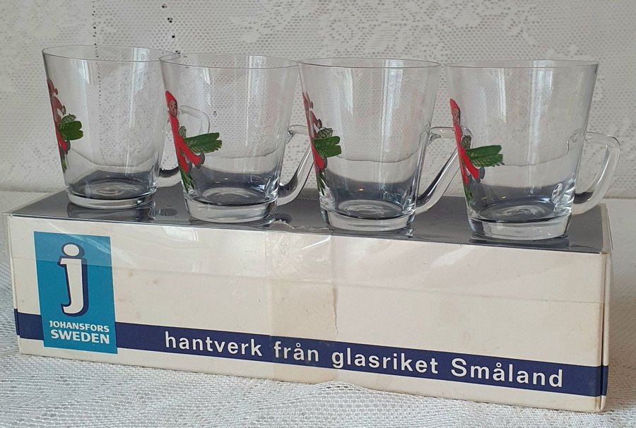 4 st oanvända glögg glas handmålade originalkartong Johansfors Sweden Retro 1960