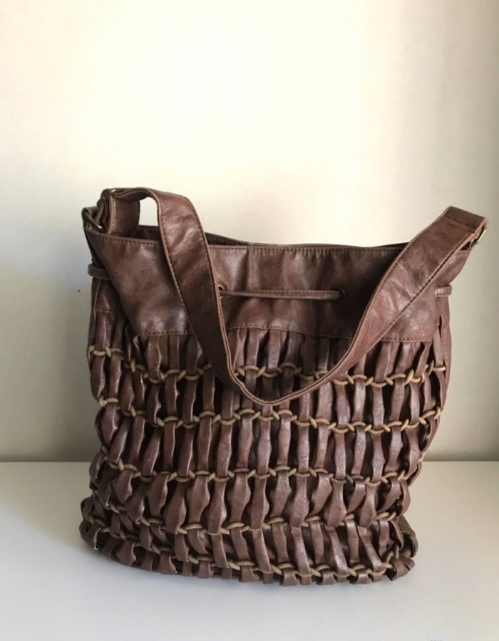 Flätad Totebag Bucketbag Boho Skinn Väska Brun Vintage Skinnväska Handväska