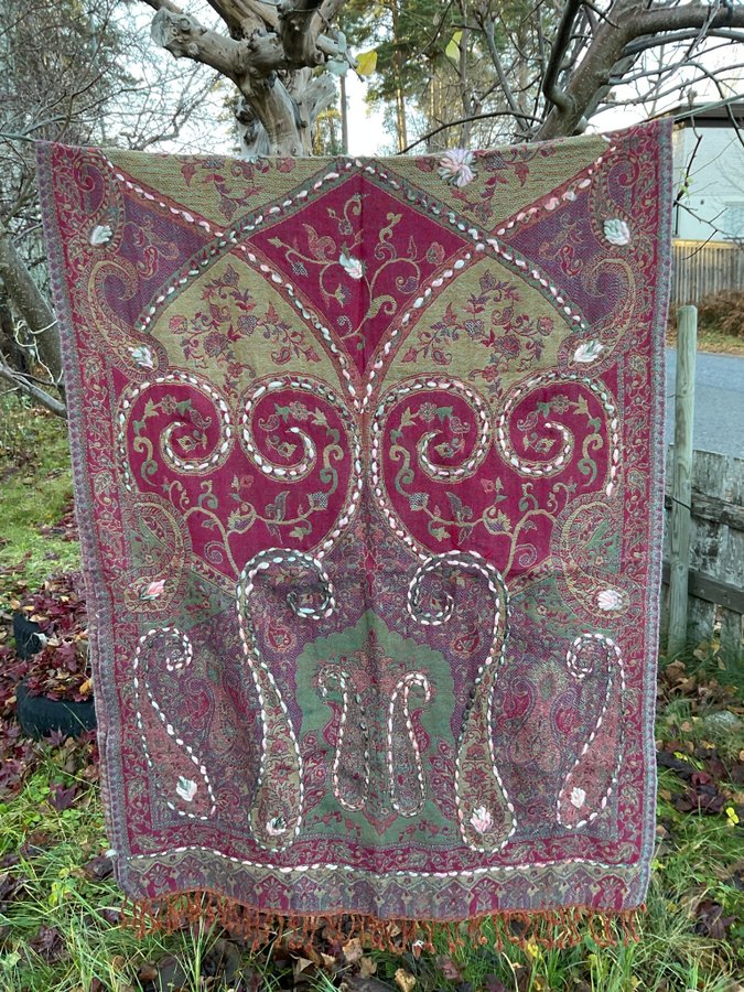 Ny Handbroderad Sjal Halsduk av 100% Kokt Ull från Nepal, ca 200 x 75 cm No.11