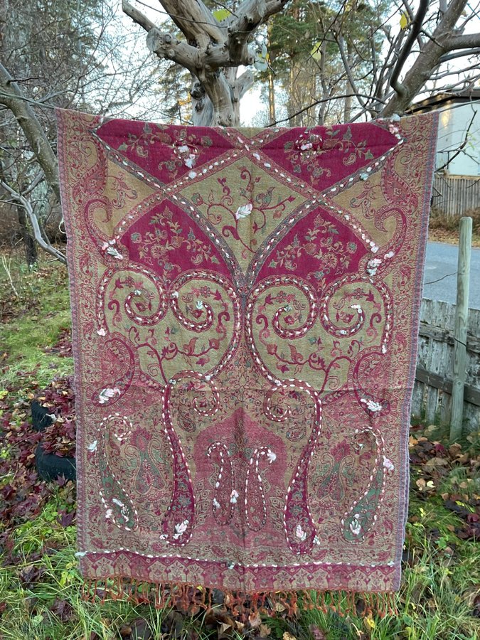 Ny Handbroderad Sjal Halsduk av 100% Kokt Ull från Nepal, ca 200 x 75 cm No.11